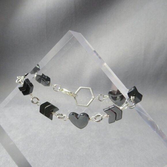 Hearts and Hematite Bracelet, Silver Chain - Picture 2 of 6